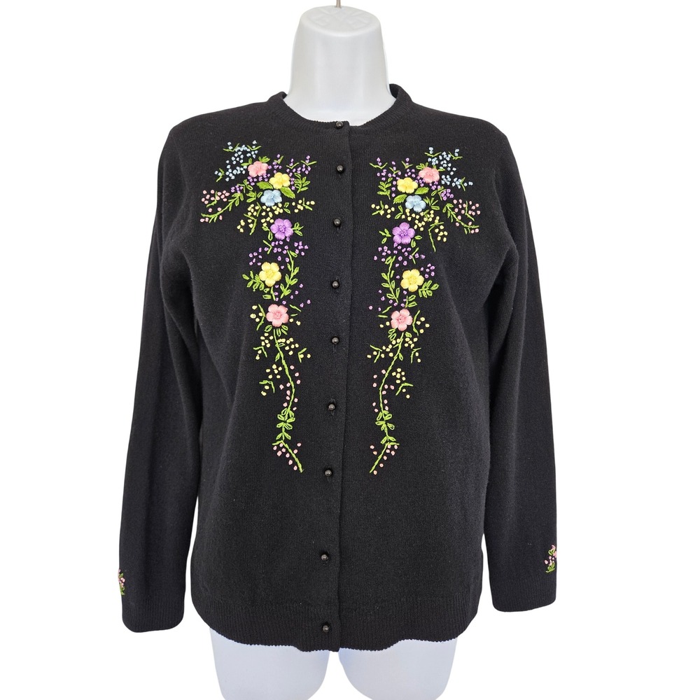 Vtg 60s 70s Black Lambswool Floral Embroidered Cardigan S Folk Art Cottage Fairy - Picture 2 of 11